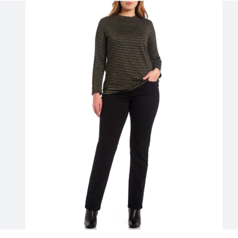 Lauren Ralph Lauren Blouse 1X Black Blue Sparkl Stripe Crew Neck Long Sleeve Top